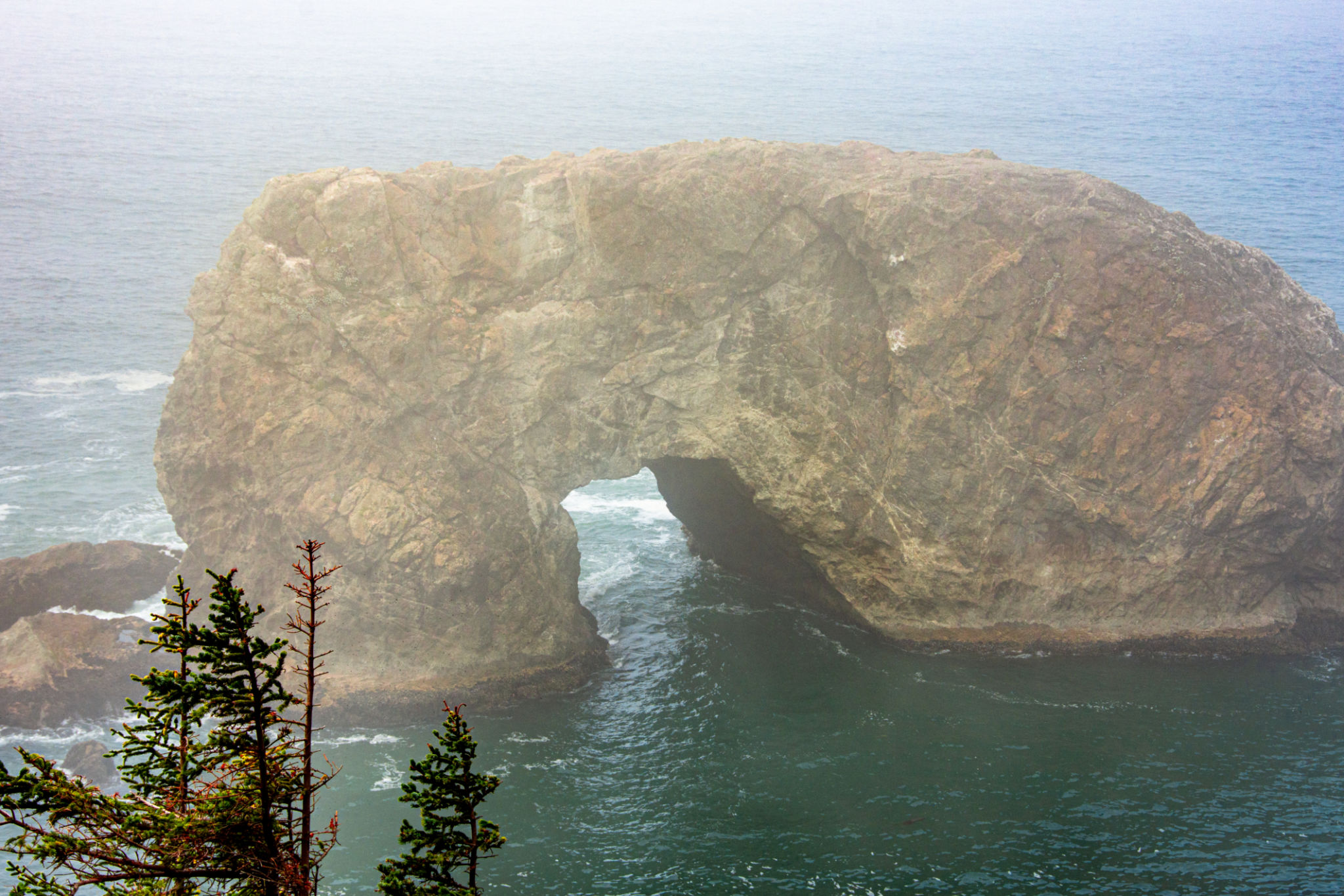 A natural sea arch in the fog at Samuel H Boardman State Scenic Corridor near Brookings, Oregon. A natural sea arch in the fog at Samuel H Boardman State Scenic Corridor near Brookings, Oregon.