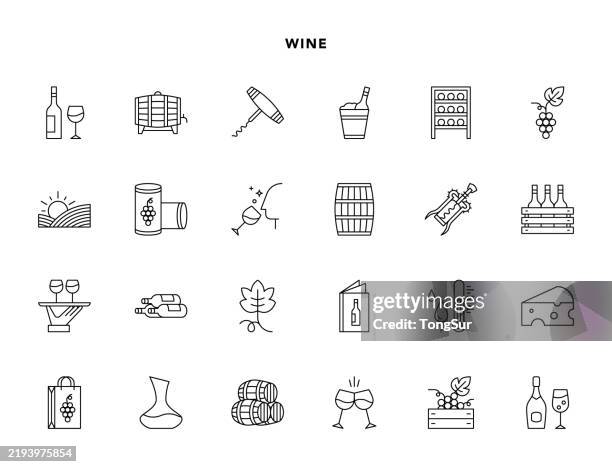 ilustraciones, imágenes clip art, dibujos animados e iconos de stock de vino - íconos de línea - vino