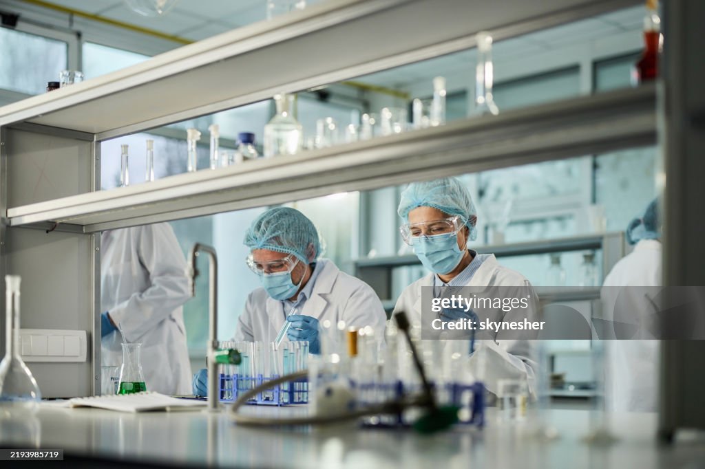 Equipe de cientistas trabalhando em um vírus em laboratório.