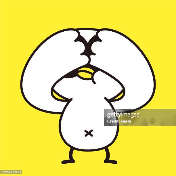 a cute bird, wearing large glasses, raises its wings to cover its eyes. minimalist style, drawn in a black outline and flat colors - covering eyes stock illustrations