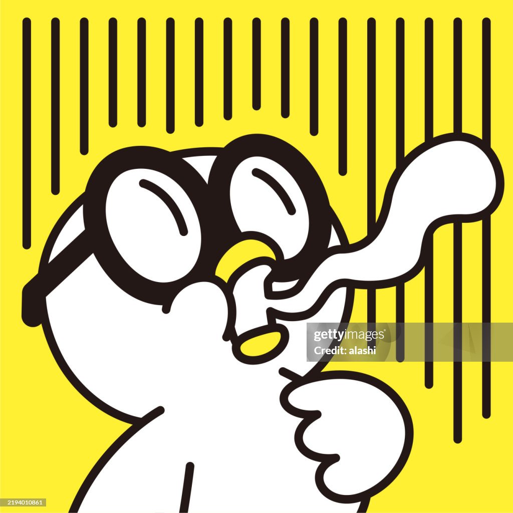 A cute bird, wearing large glasses, touching its chest with one hand and feeling nauseous, fainted while throwing up. Minimalist style, drawn in a black outline and flat colors
