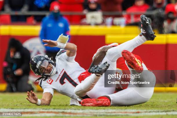 Kansas City Chiefs defensive end Charles Omenihu sacks Houston Texans quarterback C.J. Stroud during the AFC Divisional Playoff game on January 18th,...