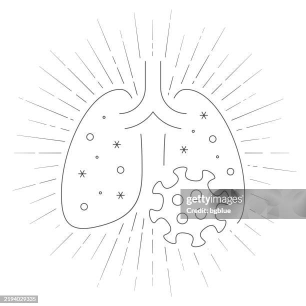 lungs infected with coronavirus. line icon with sunbursts on white background - breathing techniques stock illustrations
