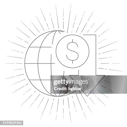 Dollar rate decrease. Line icon with sunbursts on white background Dollar rate decrease. Line icon with sunbursts on white background