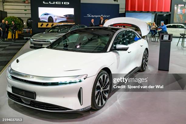 Lucid Air battery electric 4-door luxury sedan on display at the AutoSalon on January 10, 2025 in Brussels, Belgium.