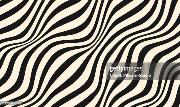 abstract wavy black and cream line pattern, reminiscent of a retro or optical illusion style. - distorted stock illustrations