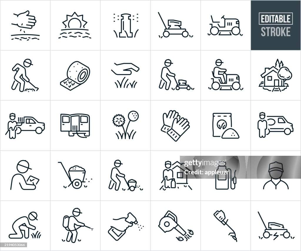 Lawn Care Thin Line Icons - Editable Stroke - Icons Include Lawn Mowing, Lawn Mower, Yard Work, Grass, Lawn, Sprinkler, Sod, Landscaper, Homeowner, Landscaped Yard, Lawn Care Services, Weed Control