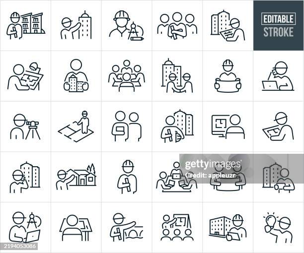 architects thin line icons - editable stroke - icons include architecture, buildings, structures, design, drawing, sketching, blueprints, floor plan, collaboration, house, office building, drafting table - architect stock illustrations