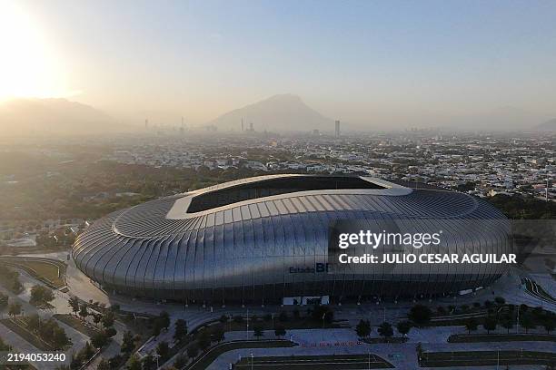 Aerial view showing the BBVA Stadium in Guadalupe, Nuevo Leon state, Mexico, on January 18 which will be one of the venues for the 2026 FIFA World...