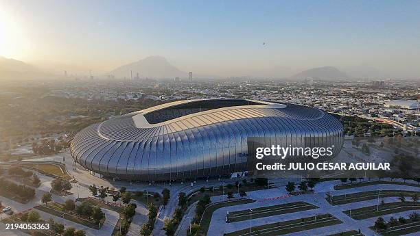 Aerial view showing the BBVA Stadium in Guadalupe, Nuevo Leon state, Mexico, on January 18 which will be one of the venues for the 2026 FIFA World...