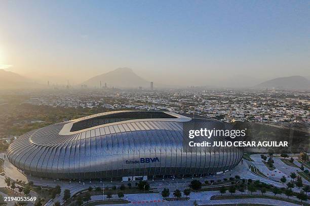 Aerial view showing the BBVA Stadium in Guadalupe, Nuevo Leon state, Mexico, on January 18 which will be one of the venues for the 2026 FIFA World...