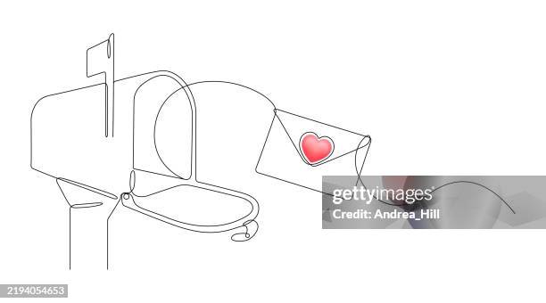 love letter and mailbox continuous line drawing. envelope has a 3d red heart - direct mail stock illustrations