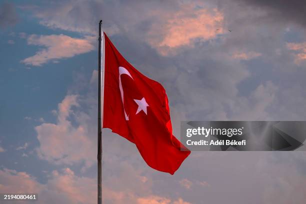 turkish flag while birds flyinng in the sunset sky - bandiera della turchia foto e immagini stock
