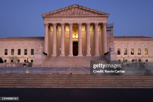 The U.S. Supreme Court is seen at dusk on January 18, 2025 in Washington, DC. TikTok stopped working in the Apple and Google app stores ahead of a...
