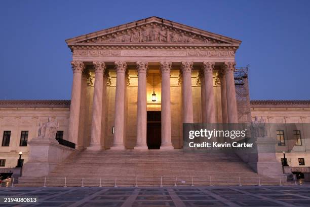 The U.S. Supreme Court is seen at dusk on January 18, 2025 in Washington, DC. TikTok stopped working in the Apple and Google app stores ahead of a...
