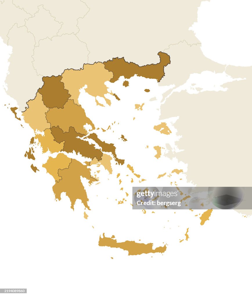 High detailed Greece map with Regions and national borders of Albania, Bulgaria, Turkey, North Macedonia, Kosovo, Montenegro