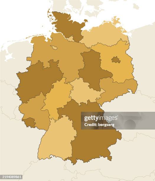 bildbanksillustrationer, clip art samt tecknat material och ikoner med high detailed germany map with regions and national borders of netherlands, belgium, denmark, czech republic, poland, austria, switzerland, luxembourg, france - tyskland