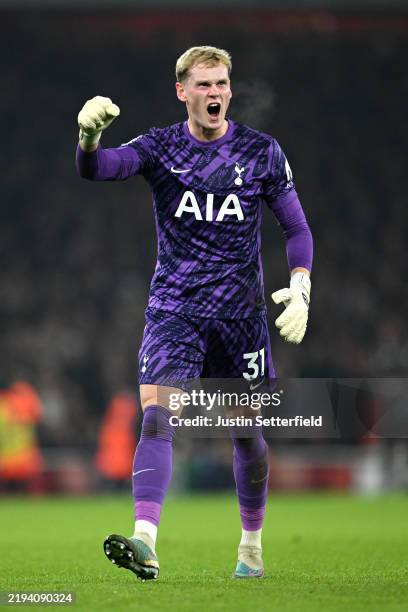 Antonin Kinsky of Tottenham Hotspur celebrates after teammate Son Heung-Min scores his team's first goal during the Premier League match between...
