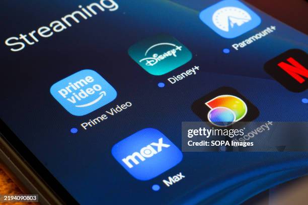 In this photo illustration, the video streaming apps Netflix, Amazon Prime Video, Disney Plus, Paramount Plus, Max and Discovery Plus seen displayed...