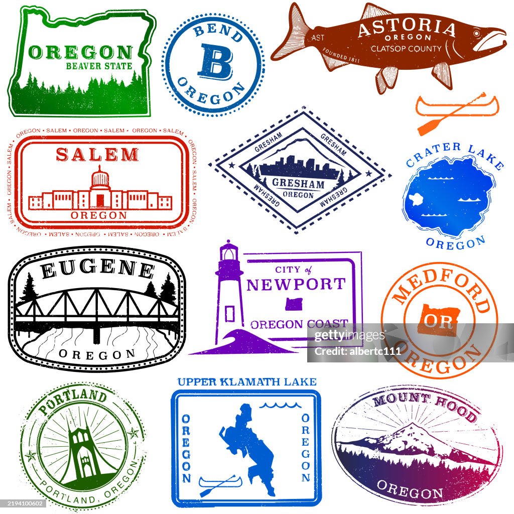 Oregon State Stylized Travel Stamps