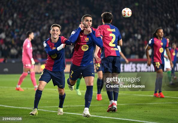 Ferran Torres of FC Barcelona celebrates scoring his team's fourth