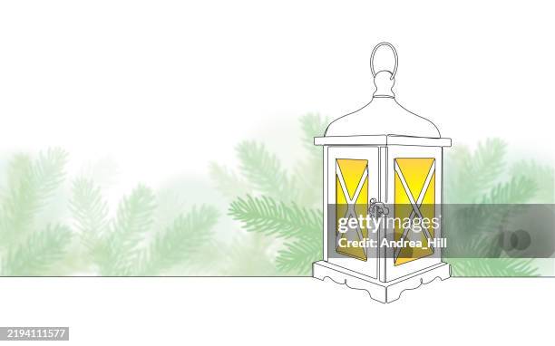 illuminated lantern with evergreen branches for winter continuous line drawing banner - flames transparent background stock illustrations