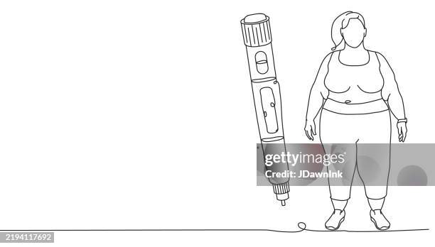 continuous line style semaglutide injection pen design with plus size woman - fat reduction stock illustrations