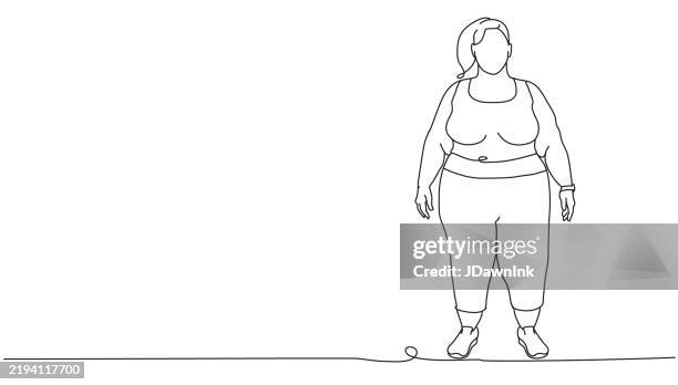 continuous line style plus size woman in work out clothes side view - overweight stock illustrations