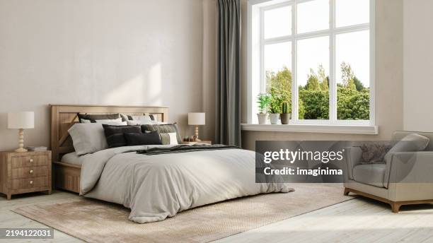 cozy modern bedroom design - bedroom stock pictures, royalty-free photos & images