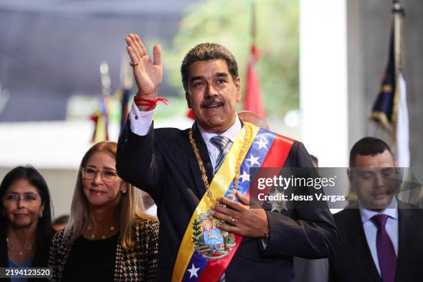President of Venezuela Nicolas Maduro arrives at the Teresa Carreno Theater to address lawmakers for his annual address on January 15, 2025 in...