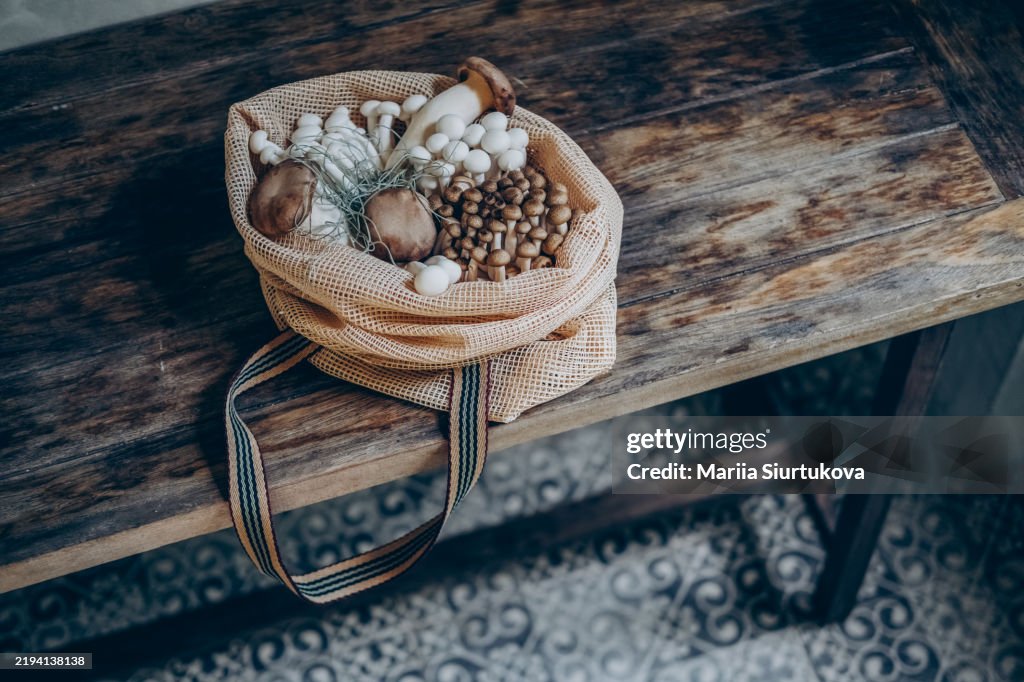 Various edible Asian mushrooms. Set of vegetables. Dark photo natural light.