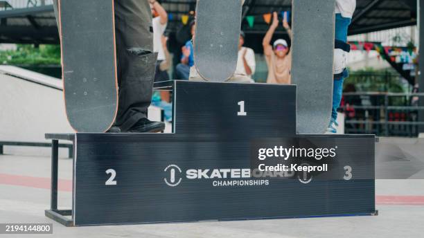 winners podium in skateboard competition - second place stock pictures, royalty-free photos & images