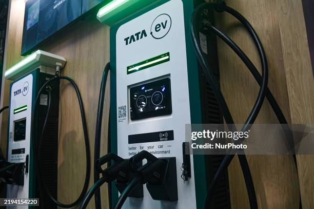 Tata Motors Electric Charging Station is showcased at the Bharat Mobility Global Expo in New Delhi, India, on January 18, 2025.