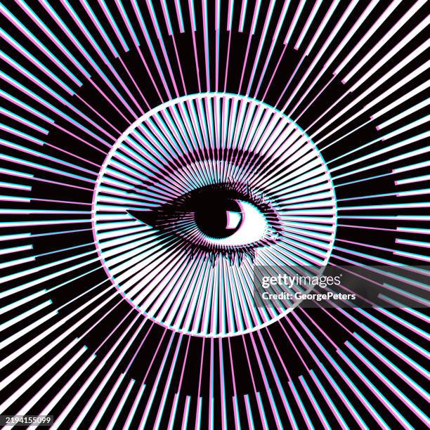 human eye with radiating light beams and glitch technique - eye test stock illustrations