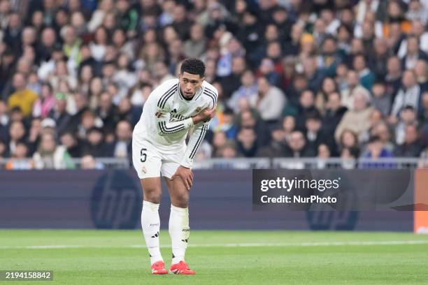 Jude Bellingham of Real Madrid injures his shoulder during the La Liga 2024/25 match between Real Madrid and Las Palmas at Santiago Bernabeu Stadium...