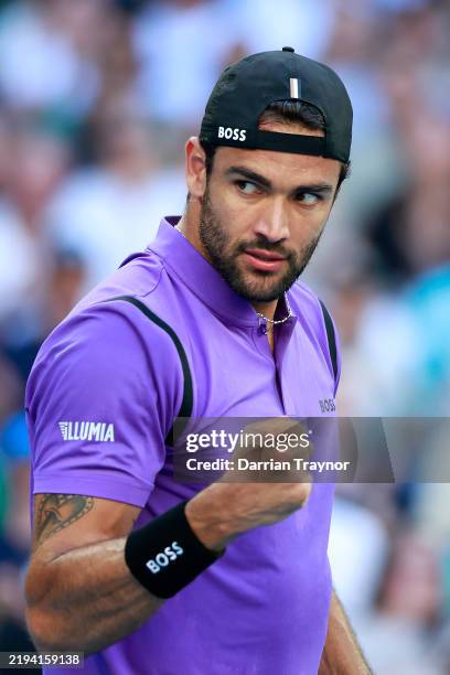 Matteo Berrettini of Italy celebrates winning the second set in the Men's Singles Second Round match against Holger Rune of Denmark during day five...