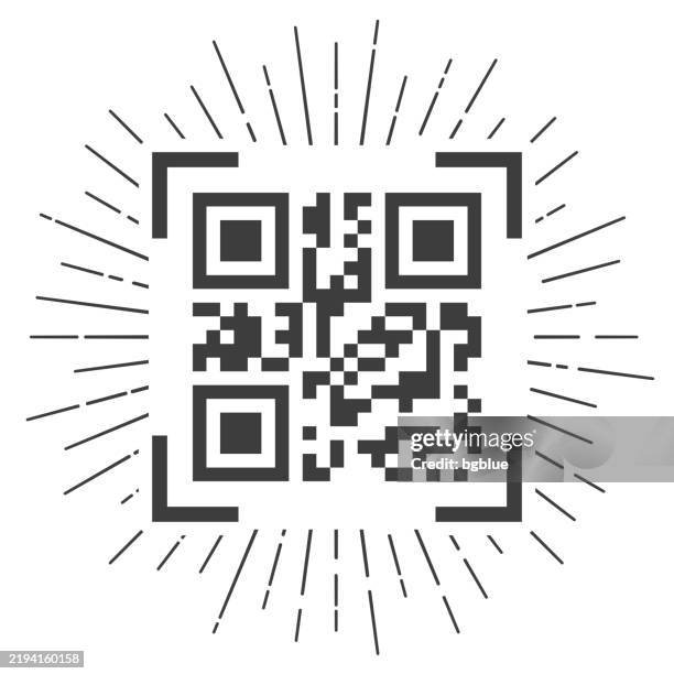 ilustraciones, imágenes clip art, dibujos animados e iconos de stock de escaneo de código qr. icono con rayos de sol sobre fondo blanco - qr-code-scan-icon