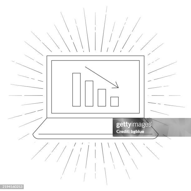 decreasing chart on laptop. line icon with sunbursts on white background - smash computer stock illustrations