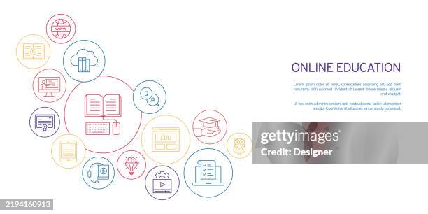 online education related vector illustration. distance education, technology, internet, connection, tutorials, e-learning - virtual library stock illustrations