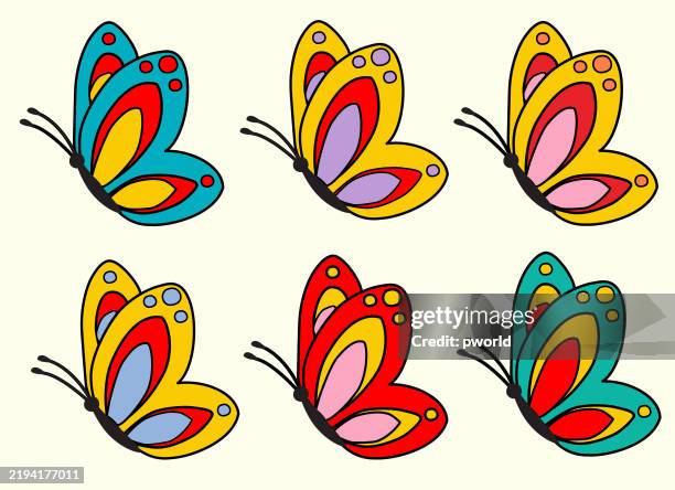 ilustraciones, imágenes clip art, dibujos animados e iconos de stock de conjunto de mariposas. - butterfly