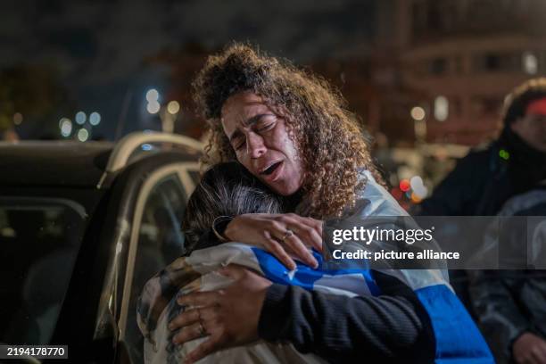 January 2025, Israel, Ramat Gan: People celebrate as Freed Israeli hostages arrive in Ramat Gan after their release from Hamas captivity in the Gaza...