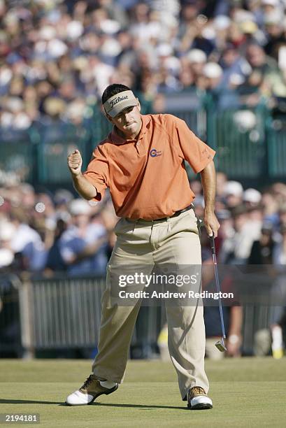 Ben Curtis of the USA celebrates after putting out on the 18th green to finish one under during the final round of The Open Championship on July 20,...