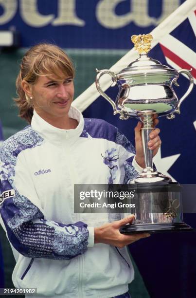 German tennis player Steffi Graf with the Daphne Akhurst Memorial Cup after the Women's Singles final at the Australian Open tennis tournament, at...