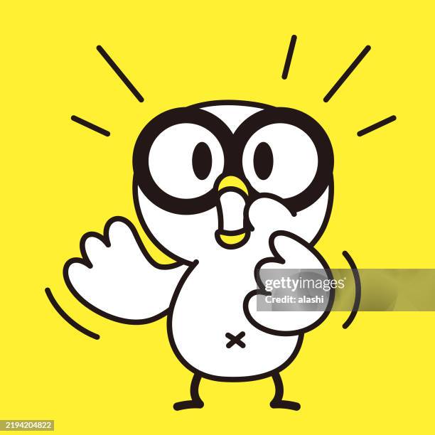 a cute bird, wearing large glasses, talking. minimalist style, drawn in a black outline and flat colors - cartoon bird with glasses stock illustrations