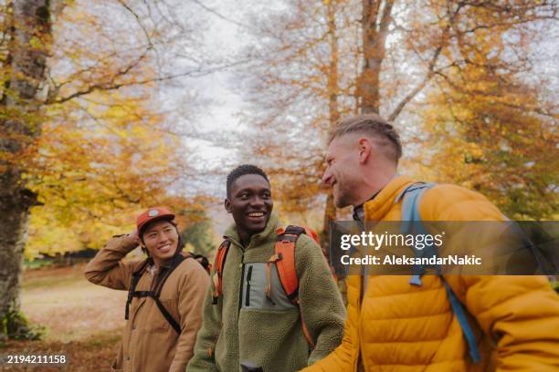 hiking with friends - buitensport stockfoto's en -beelden