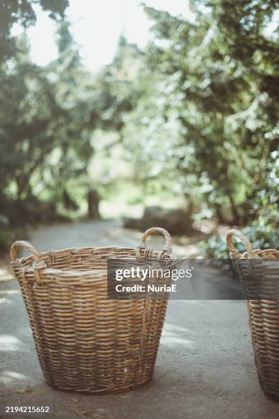 close-up of two empty wicker baskets on a footpath - wicker stock pictures, royalty-free photos & images