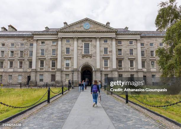Entrance of The Trinity College Dublin on August 16, 2024 in Dublin, Ireland. The College of the Holy and Undivided Trinity of Queen Elizabeth near...
