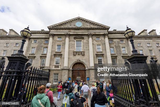 Entrance of The Trinity College Dublin on August 16, 2024 in Dublin, Ireland. The College of the Holy and Undivided Trinity of Queen Elizabeth near...