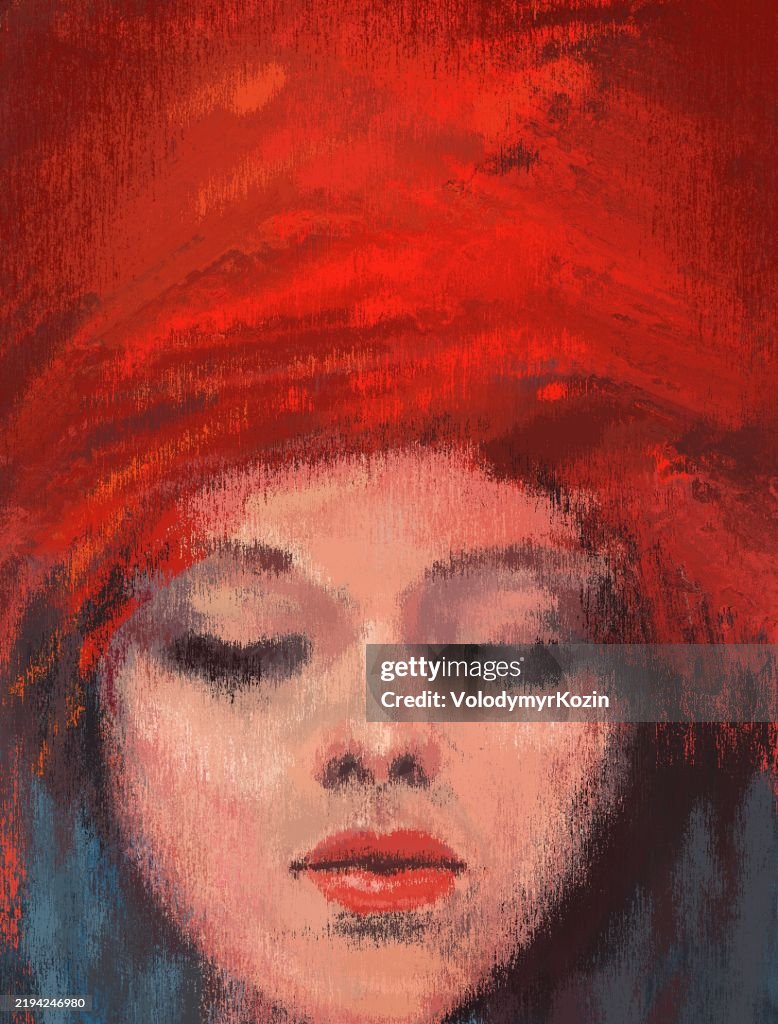 Painting portrait of a woman full face with closed eyes