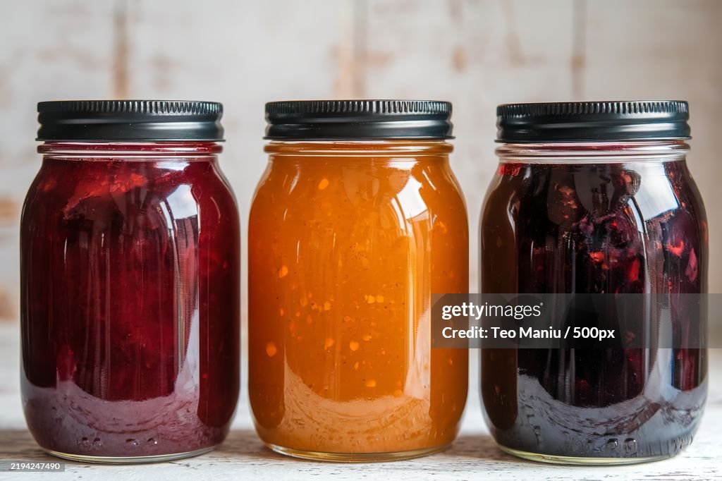 A photo of three glass jars standing side by side with a jam